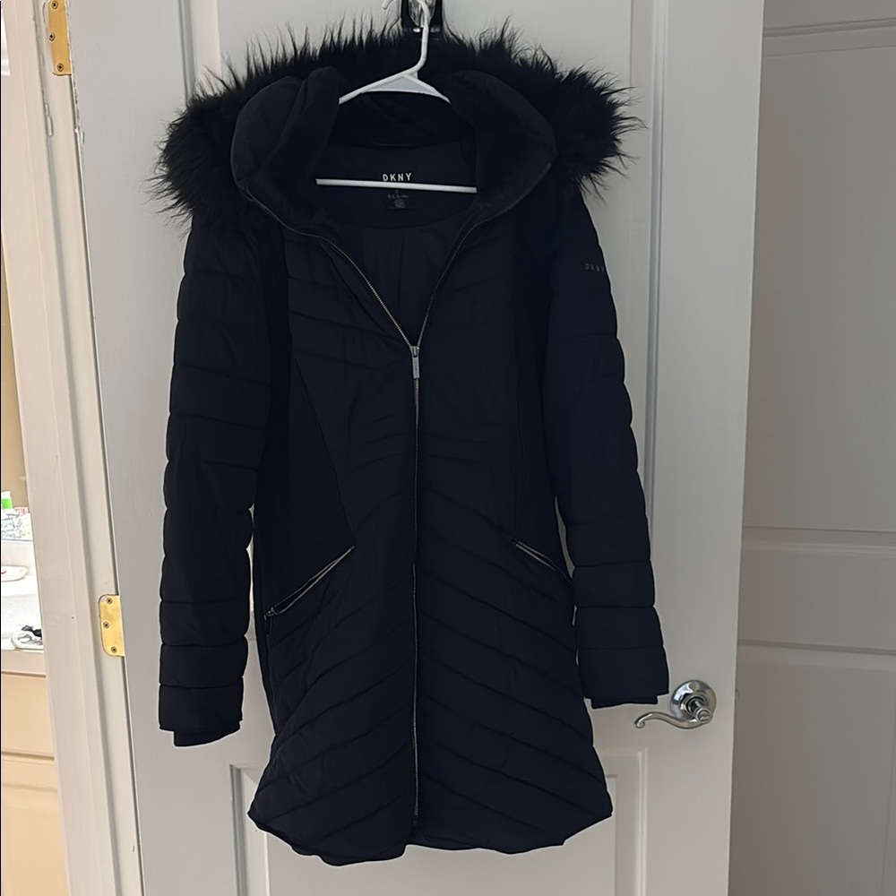 DKNY Women's Black Puffer Coat with Faux Fur Hood